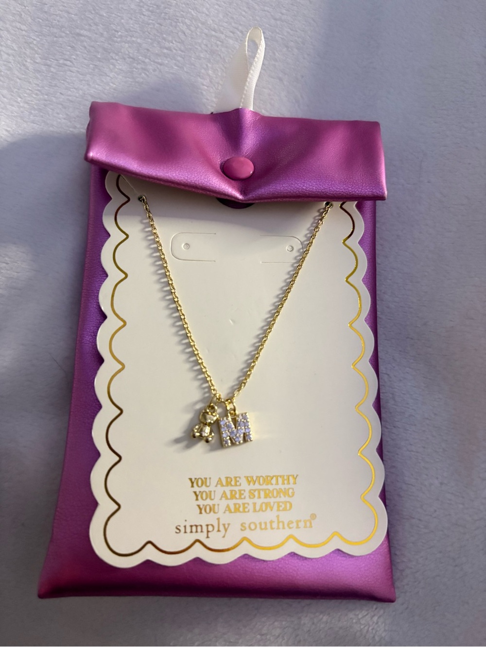 Simply Southern Gold Initial M Necklace with Sparkling Crystals - Pink Pouch